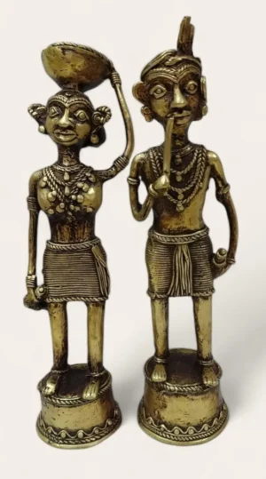 Brass Dhokra Bell Metal Tribal Couple Statue: A Masterpiece of Tribal Art;12 inch