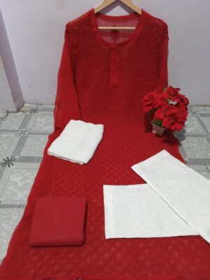 Chicken Embroidered Chikankari Kurta Set: Complete Ethnic Ensemble with Palazzo, Dupatta & Inner