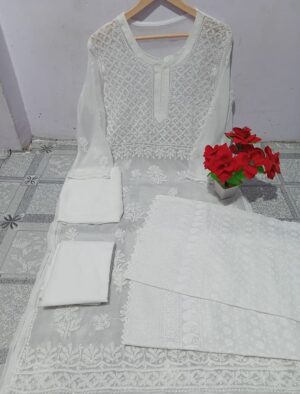 Chicken Embroidered Chikankari Kurta Set: Complete Ethnic Ensemble with Palazzo, Dupatta & Inner