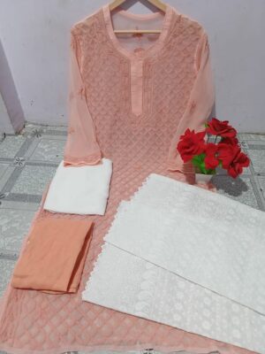 Chicken Embroidered Chikankari Kurta Set: Complete Ethnic Ensemble with Palazzo, Dupatta & Inner
