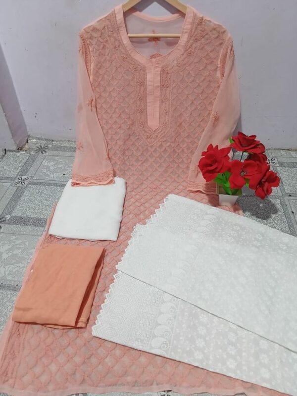 Chicken Embroidered Chikankari Kurta Set: Complete Ethnic Ensemble with Palazzo, Dupatta & Inner
