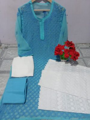 Chicken Embroidered Chikankari Kurta Set: Complete Ethnic Ensemble with Palazzo, Dupatta & Inner