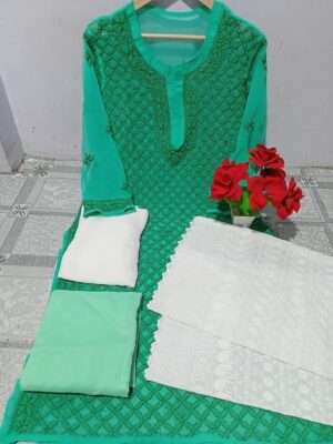 Chicken Embroidered Chikankari Kurta Set: Complete Ethnic Ensemble with Palazzo, Dupatta & Inner